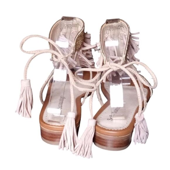 Soft Surroundings Gold Glitter Tan Fringe Tie Ankle Gladiator Style Sandals Sz 8 - Picture 4 of 7